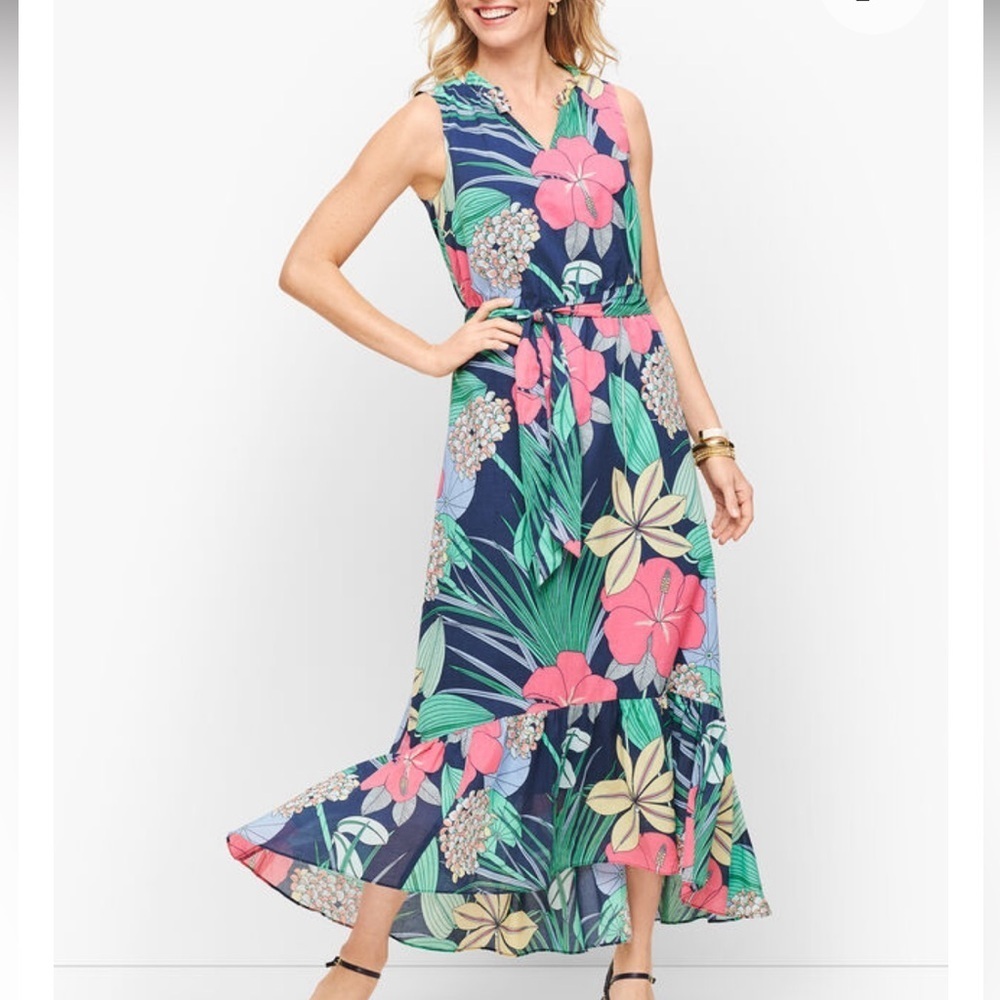 TALBOTS Voile Hibiscus Maxi Dress Cotton Tropical Hawaiian Vacation Size 8 - Picture 1 of 16